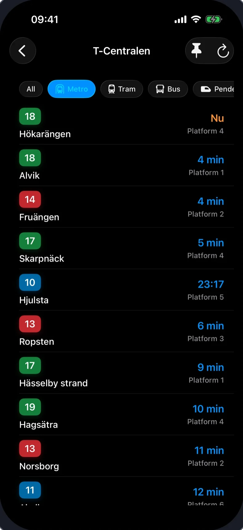 Metro departures at T-Centralen filtered in SL Tracker
