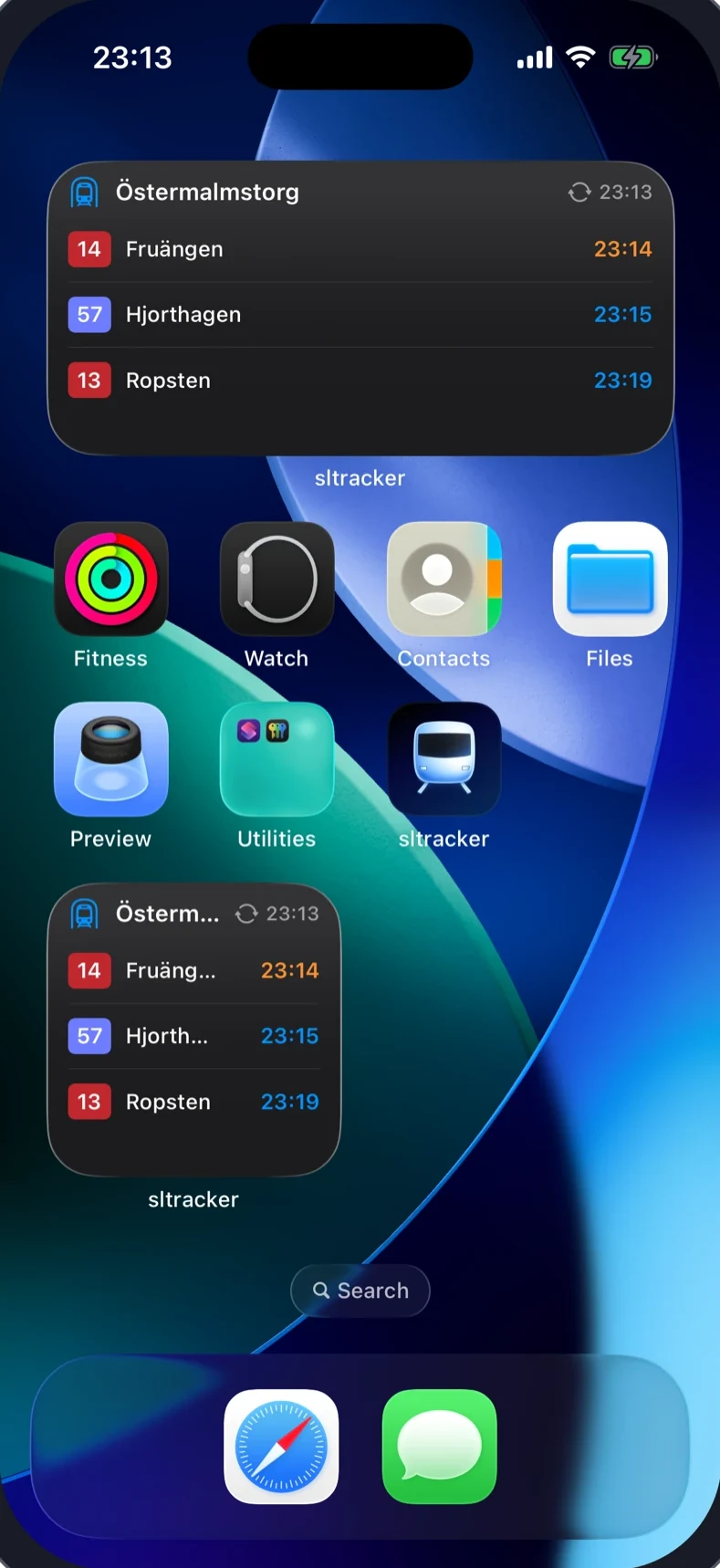 iPhone home screen with SL Tracker widgets showing live departures